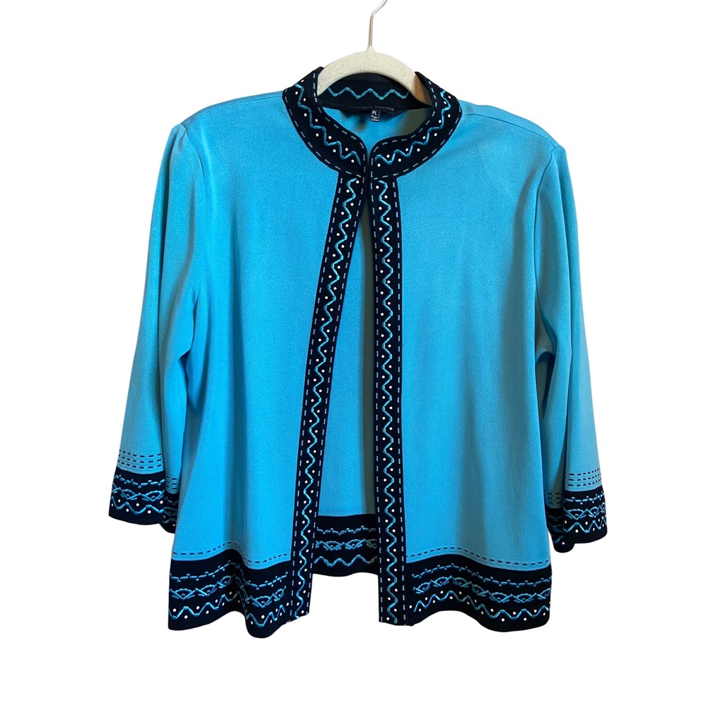 Ming Wang Turquoise Blue Black Embroidered Knit Open Front Cardigan Petite Large